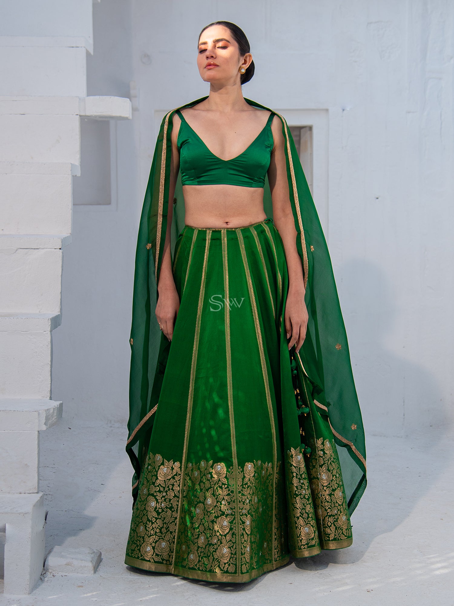 Bottle Green Satin Silk Handloom Banarasi Lehenga Sacred Weaves Sacred Weaves