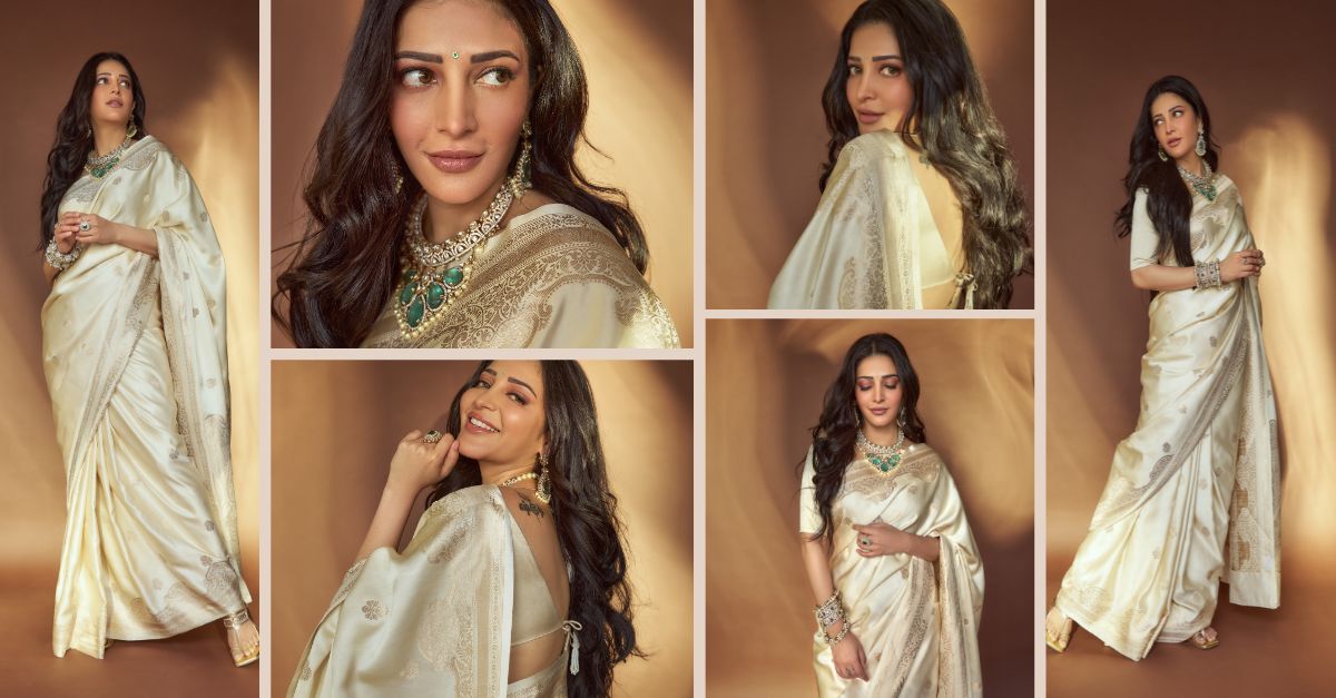 Shruti Haasan Dazzles in Cream Satin Silk Banarasi Saree from Sacred Weaves