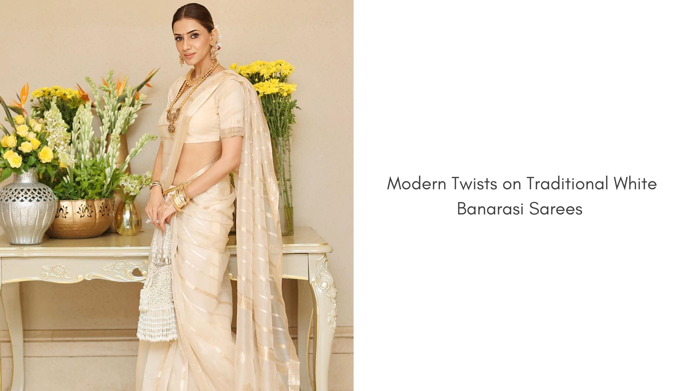 Modern Twists on Traditional White Banarasi Sarees with Golden Borders ...