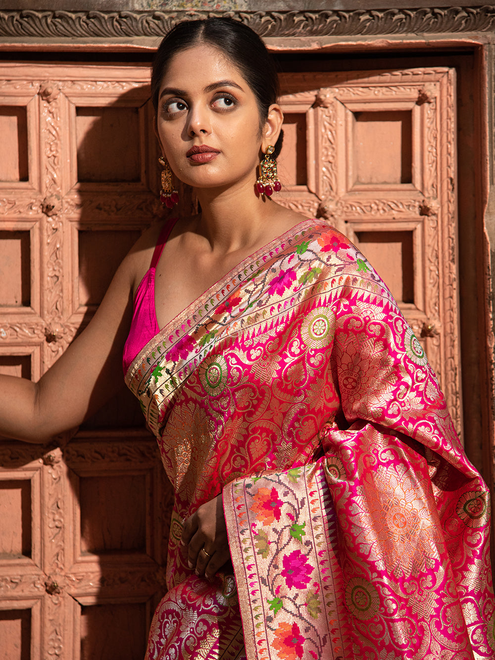 Pink Brocade Meenakari Katan Silk Handloom Banarasi Saree - Sacred Weaves