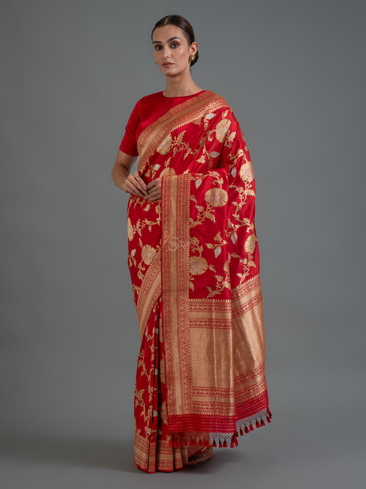 Red Jaal Katan Silk Handloom Banarasi Saree - Sacred Weaves