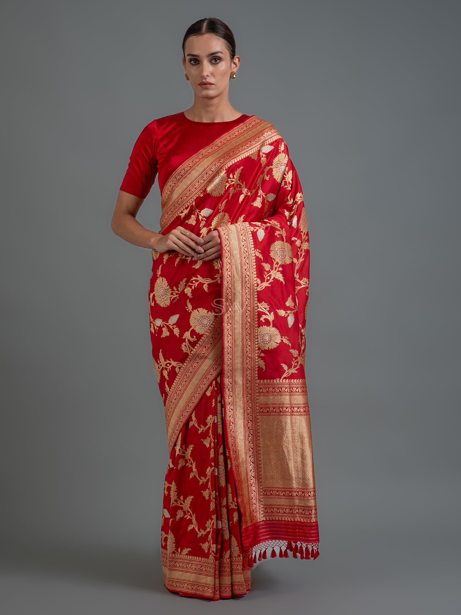 Red Jaal Katan Silk Handloom Banarasi Saree - Sacred Weaves