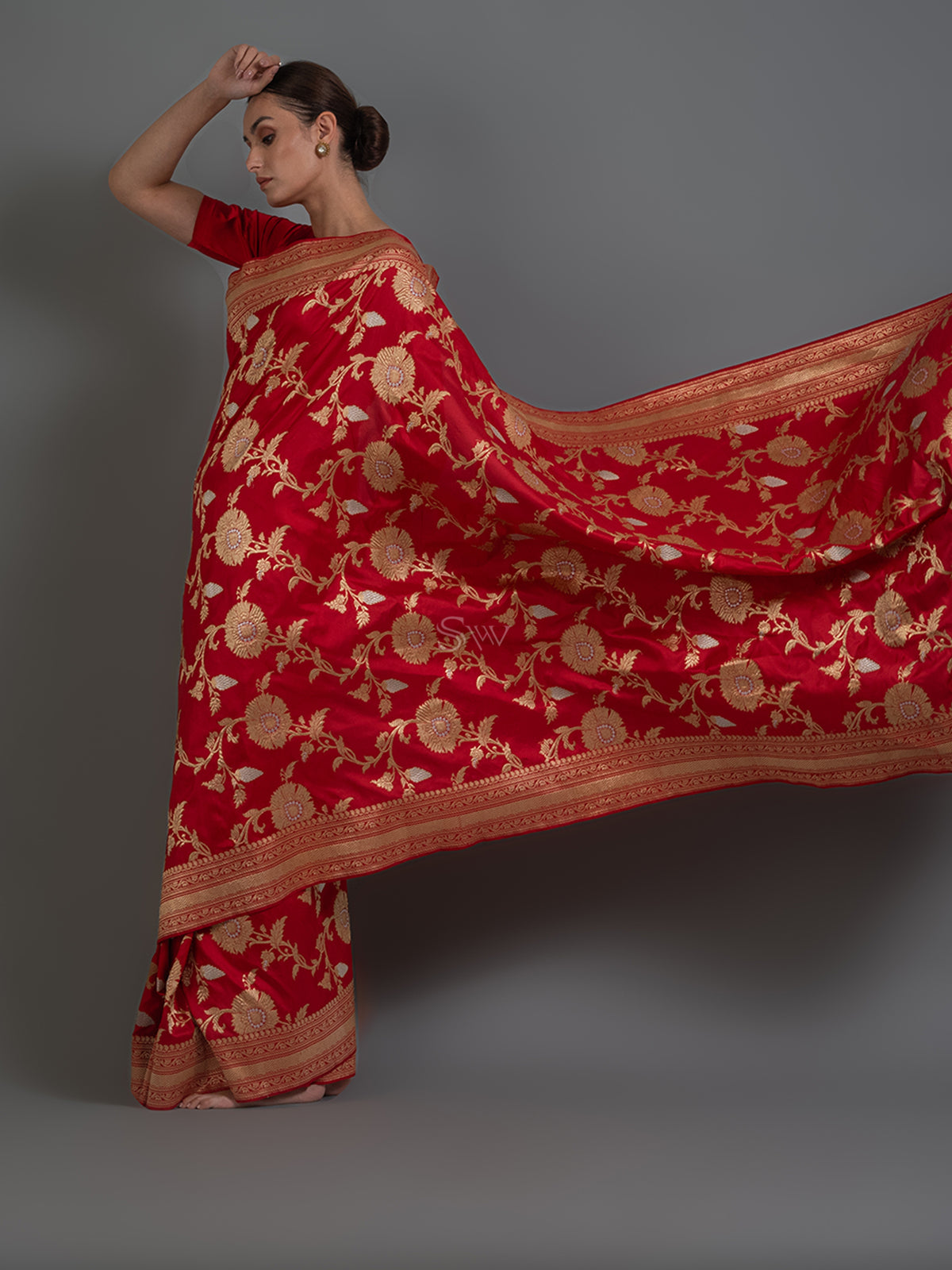 Red Jaal Katan Silk Handloom Banarasi Saree - Sacred Weaves