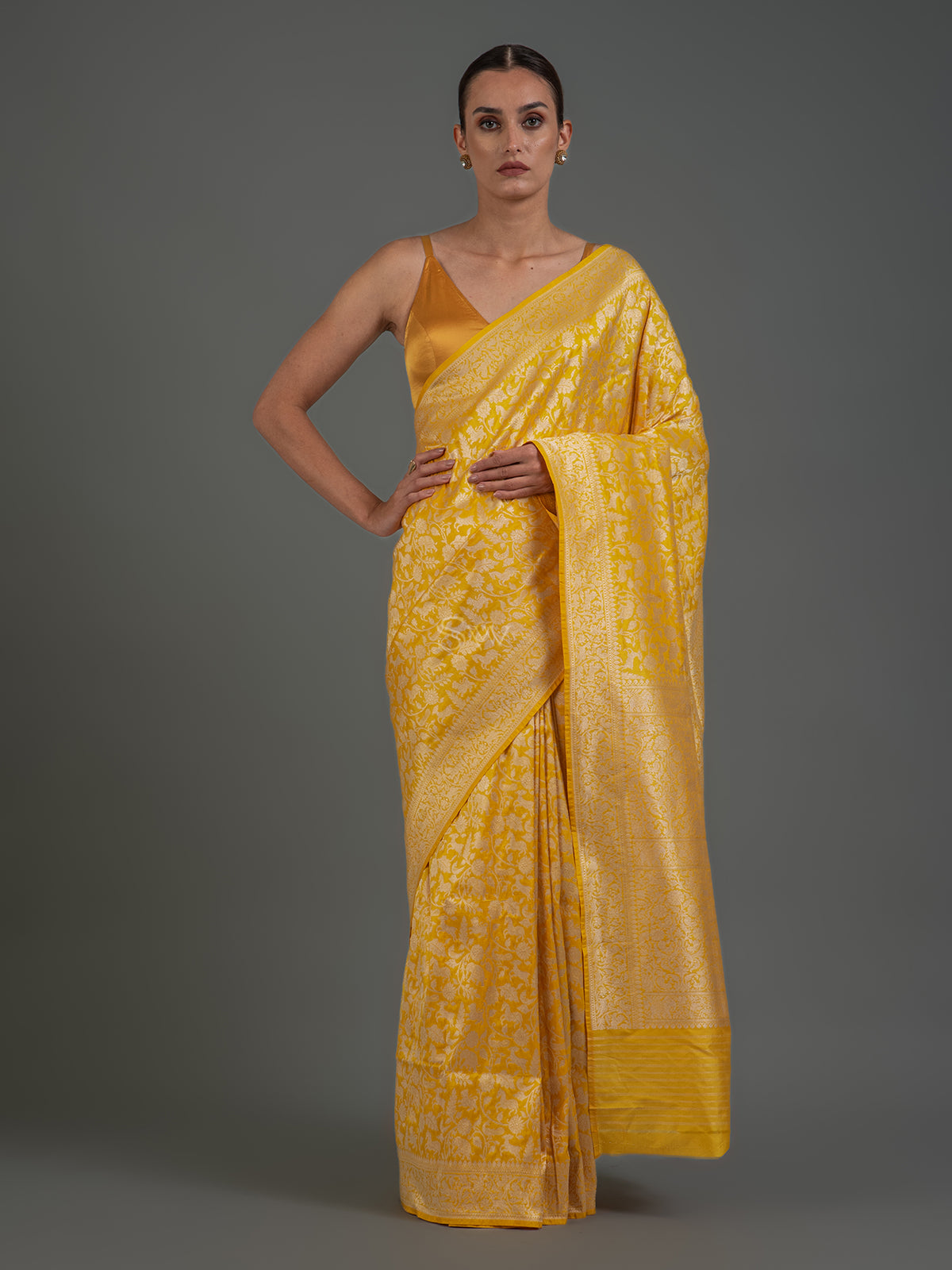 Yellow Shikargah Brocade Katan Silk Handloom Banarasi Saree