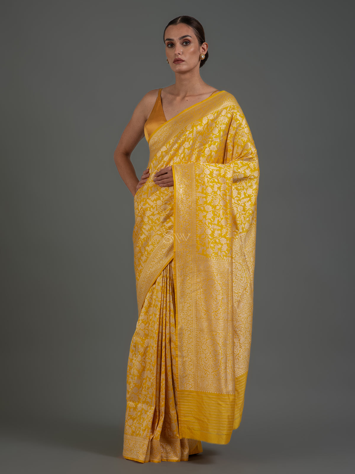 Yellow Shikargah Katan Silk Handloom Banarasi Saree - Sacred Weaves