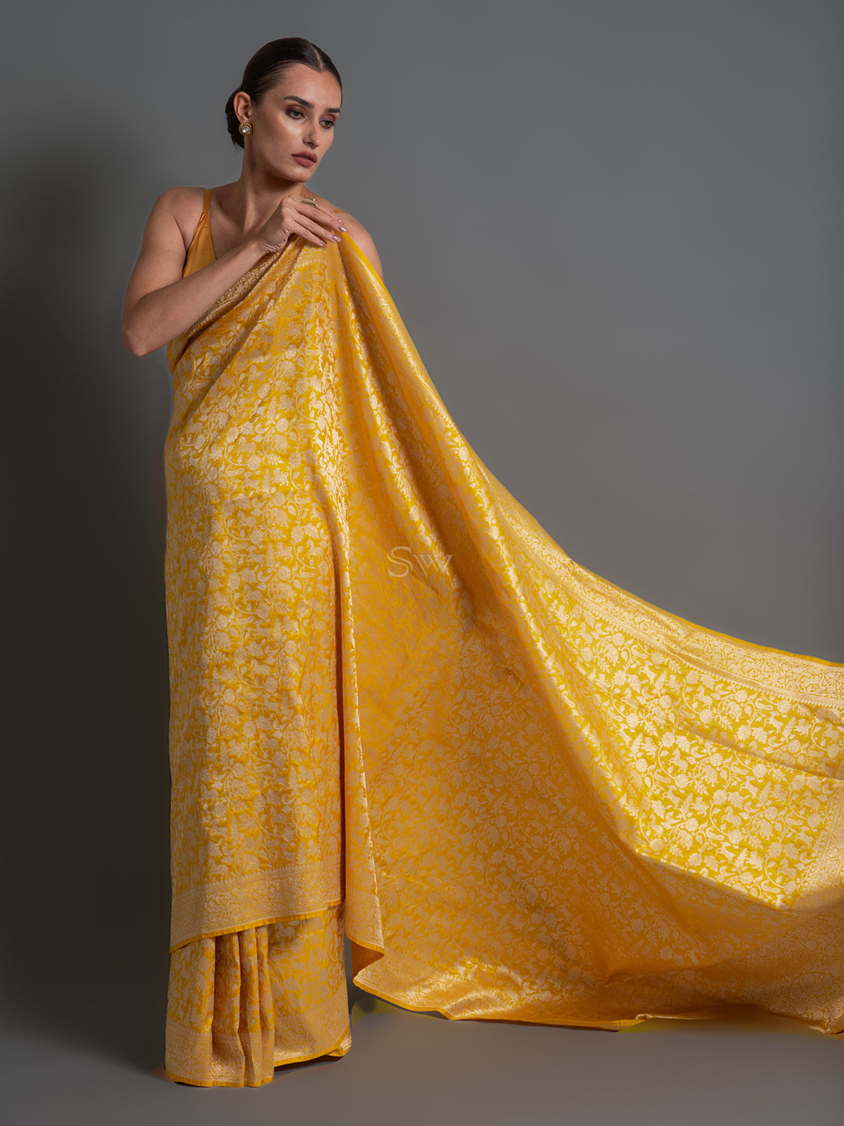 Yellow Shikargah Brocade Katan Silk Handloom Banarasi Saree