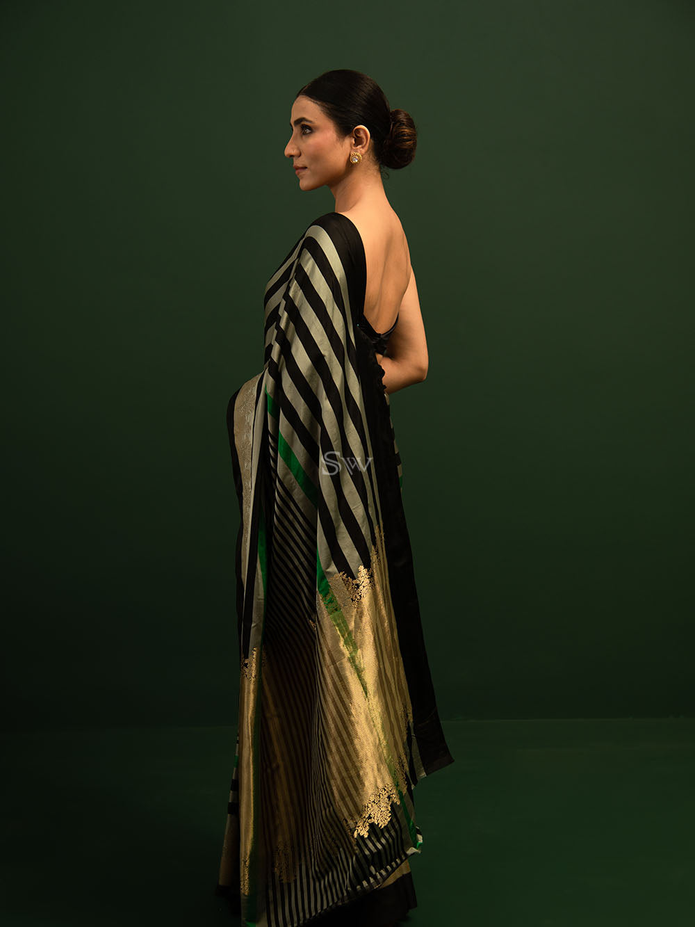 Grey Black Stripe Satin Silk Handloom Banarasi Saree - Sacred Weaves