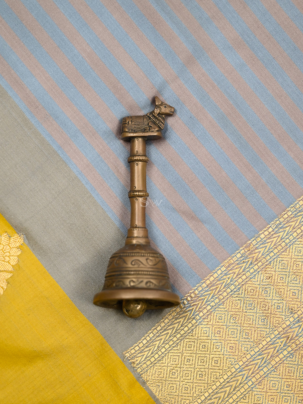 Grey Dusty Pink Stripe Satin Silk Handloom Banarasi Saree