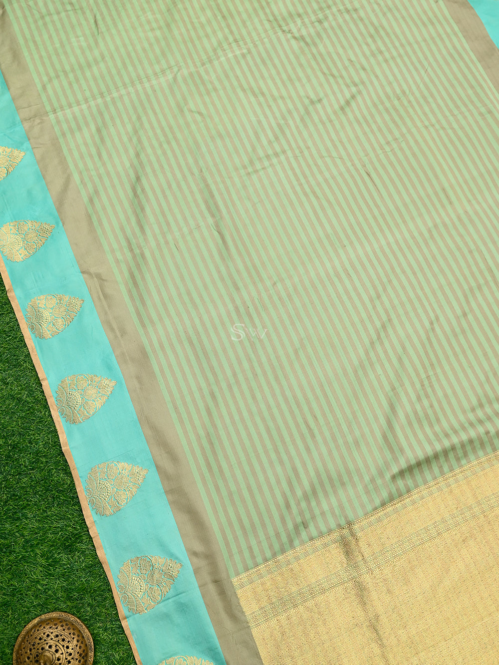 Green Grey Stripe Satin Silk Handloom Banarasi Saree