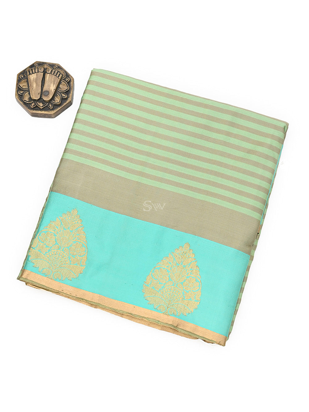 Green Grey Stripe Satin Silk Handloom Banarasi Saree