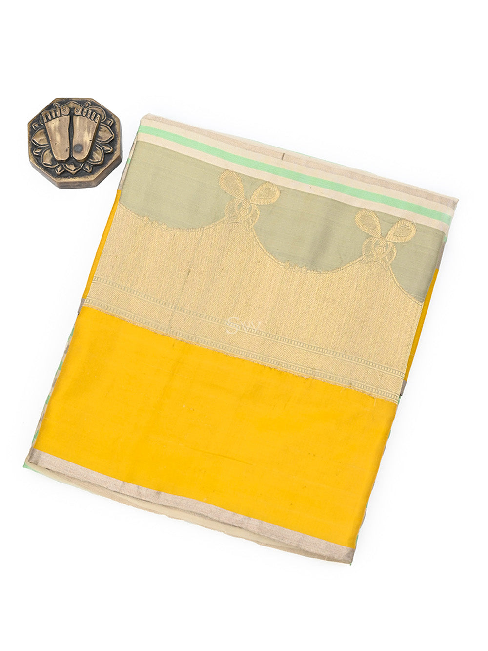 Beige Green Stripe Satin Silk Handloom Banarasi Saree