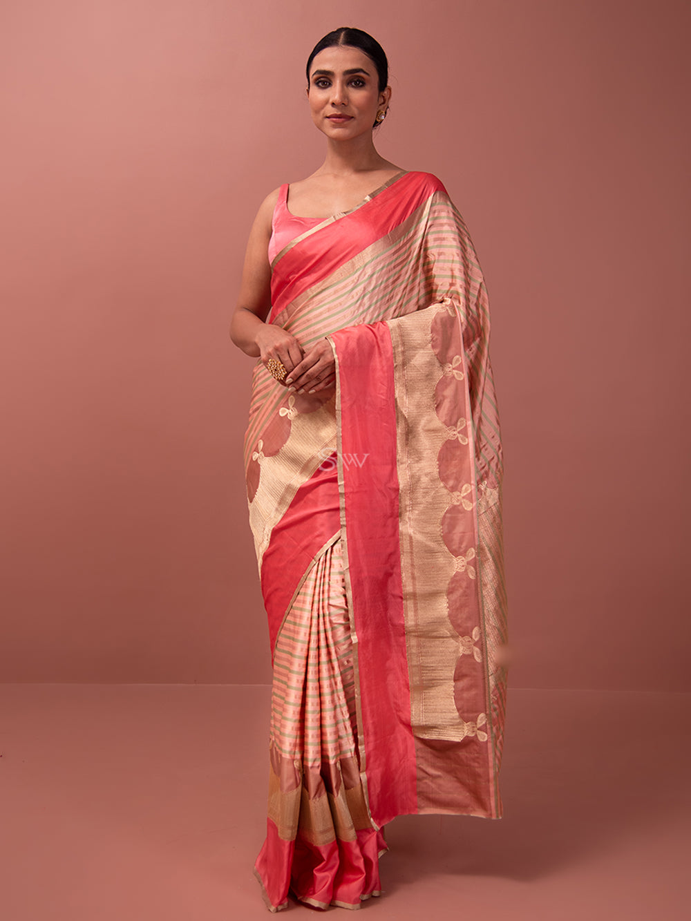 Peach Green Stripe Satin Silk Handloom Banarasi Saree - Sacred Weaves