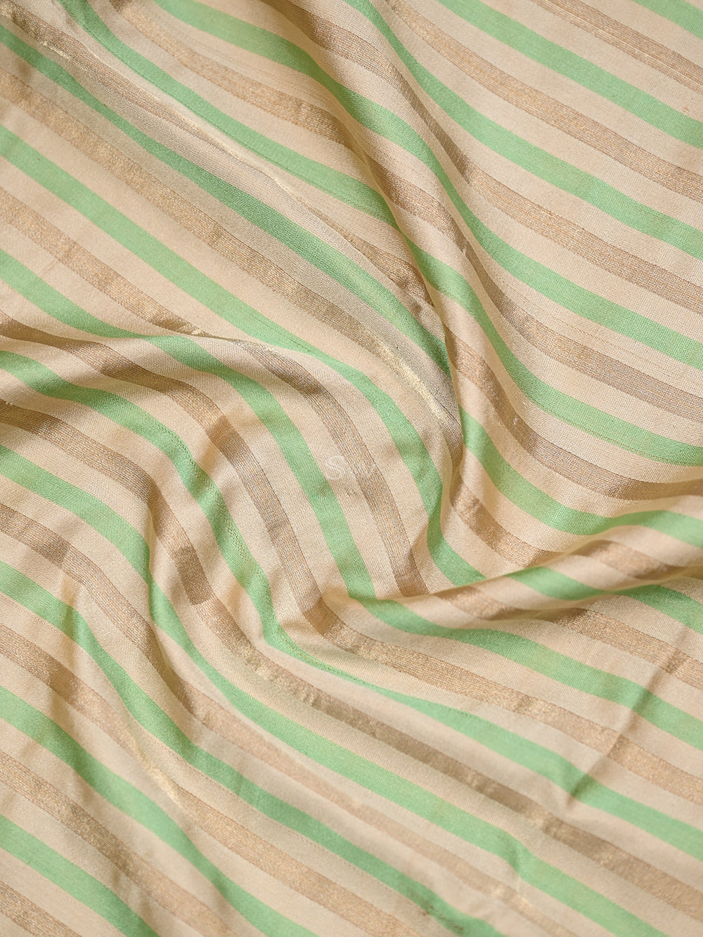 Beige Green Stripe Satin Silk Handloom Banarasi Saree