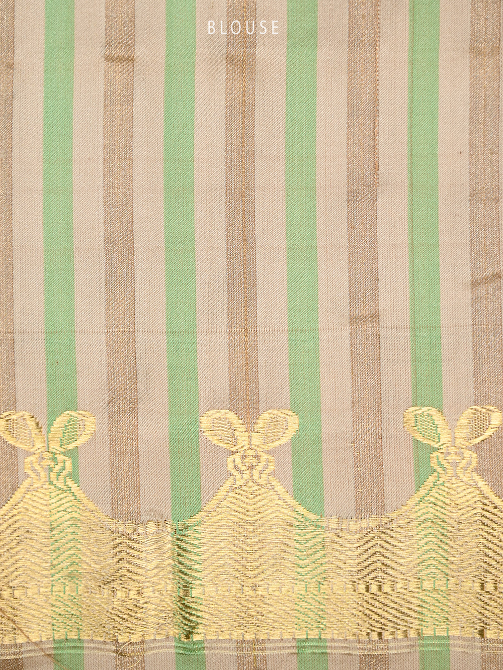 Beige Green Stripe Satin Silk Handloom Banarasi Saree