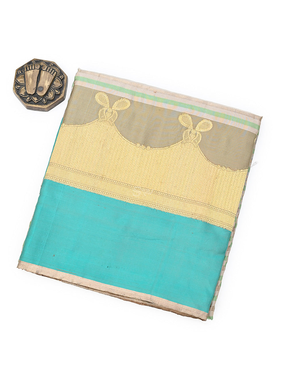 Beige Green Stripe Satin Silk Handloom Banarasi Saree