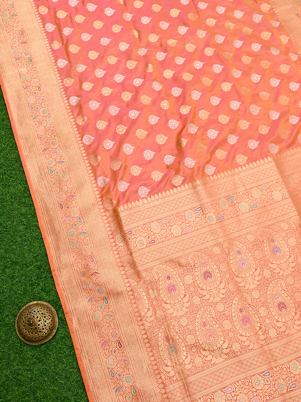 Pink Orange Meenakari Katan Silk Handloom Banarasi Saree