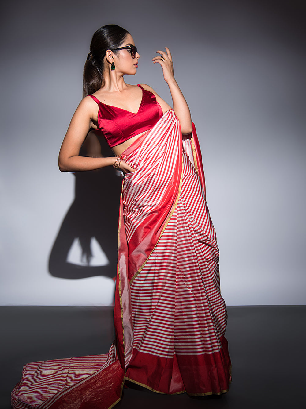 Red Stripe Satin Silk Handloom Banarasi Saree