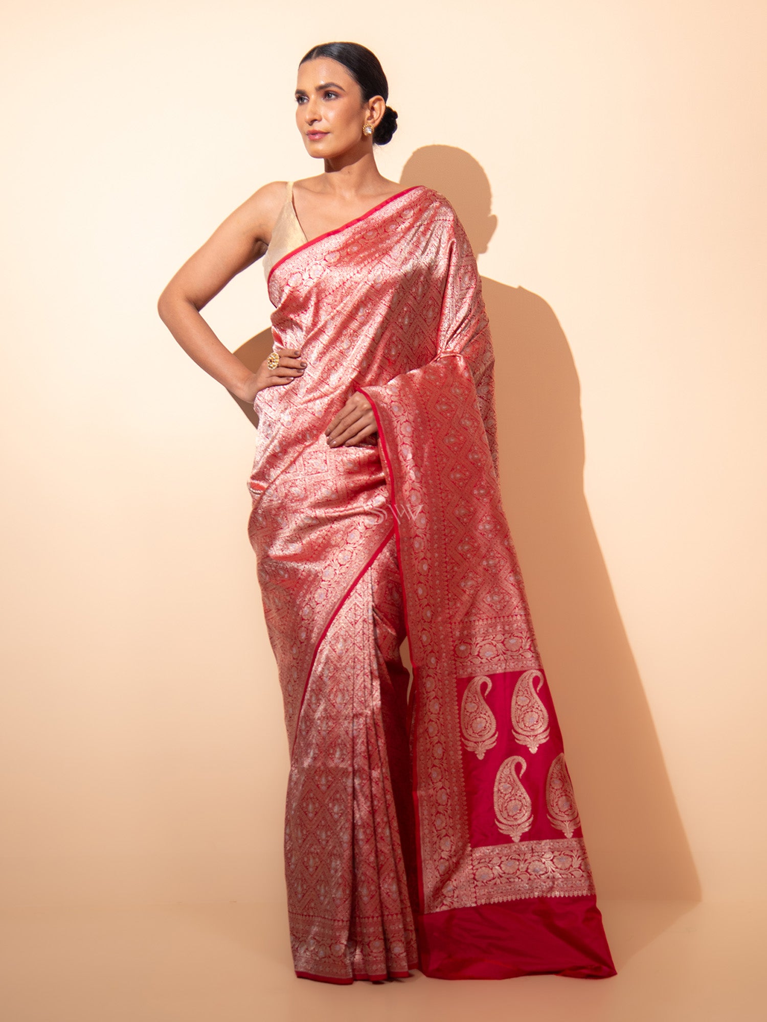 Red Pink Brocade Katan Silk Handloom Banarasi Saree - Sacred Weaves