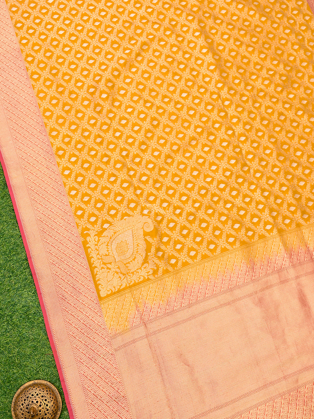 Mustard Jaal Katan Silk Handloom Banarasi Saree - Sacred Weaves