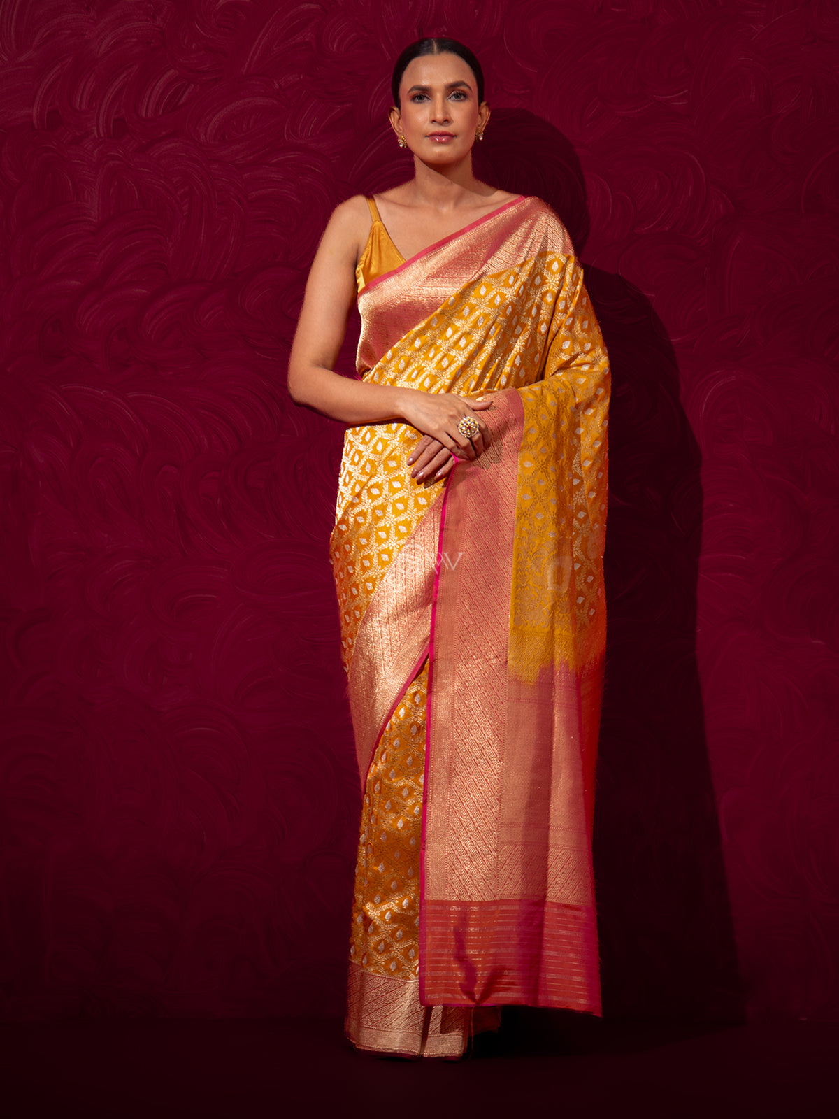 Mustard Jaal Katan Silk Handloom Banarasi Saree