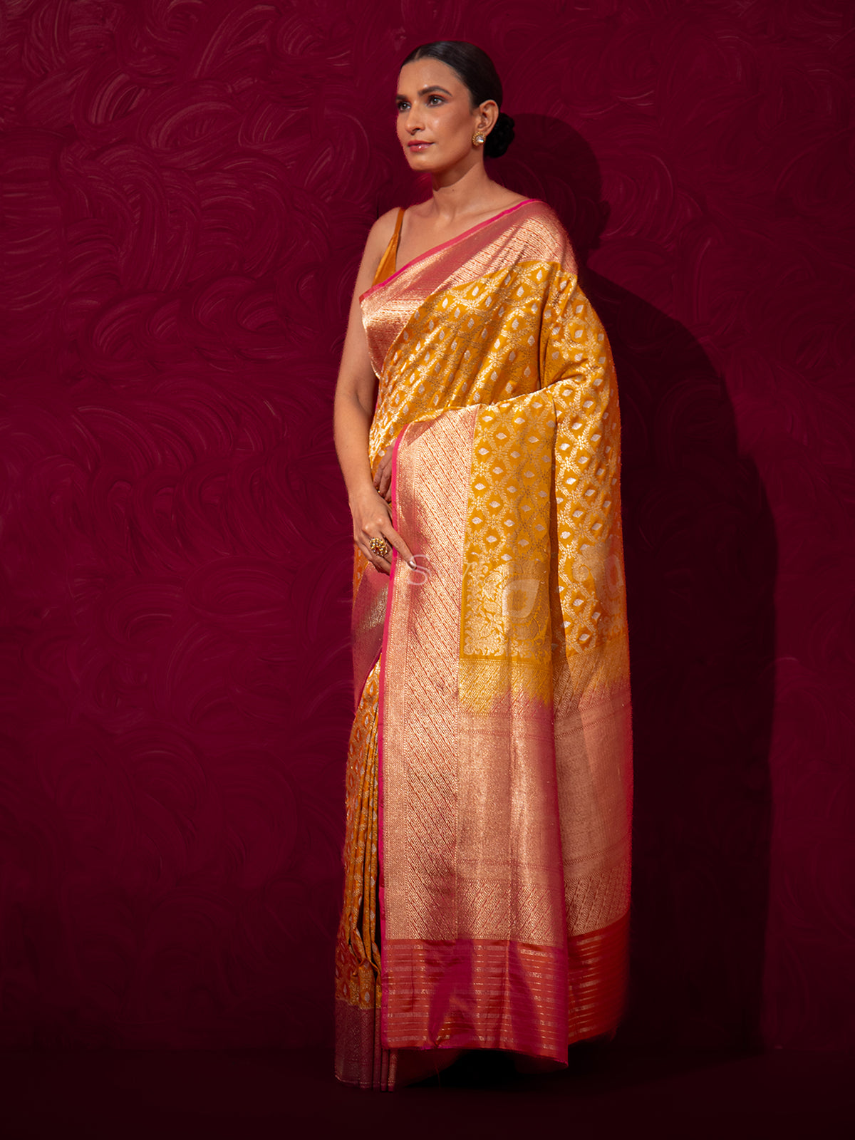 Mustard Jaal Katan Silk Handloom Banarasi Saree