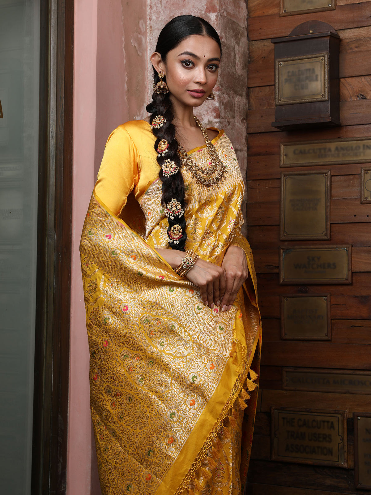 Yellow Meenakari Uppada Katan Silk Handloom Banarasi Saree - Sacred Weaves