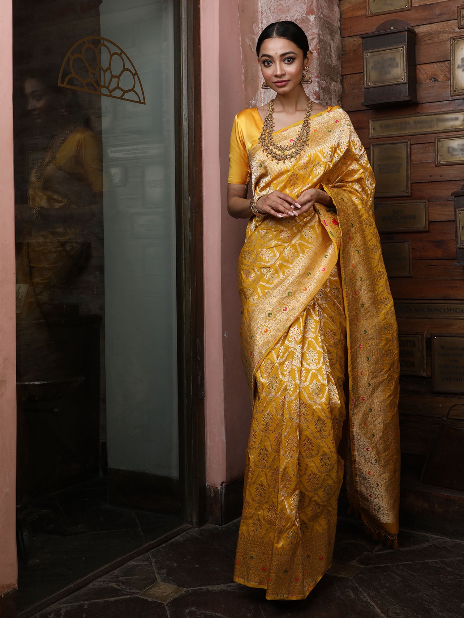 Yellow Meenakari Uppada Katan Silk Handloom Banarasi Saree - Sacred Weaves