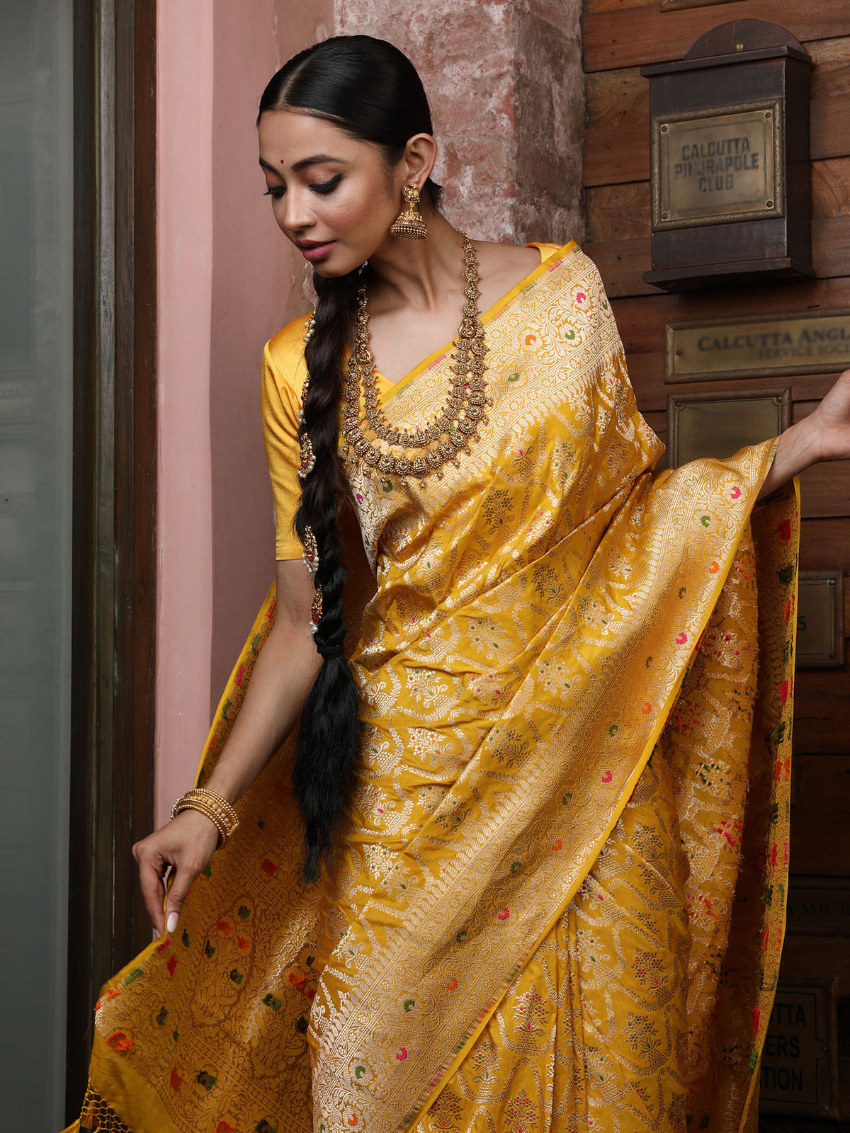 Yellow Meenakari Uppada Katan Silk Handloom Banarasi Saree - Sacred Weaves