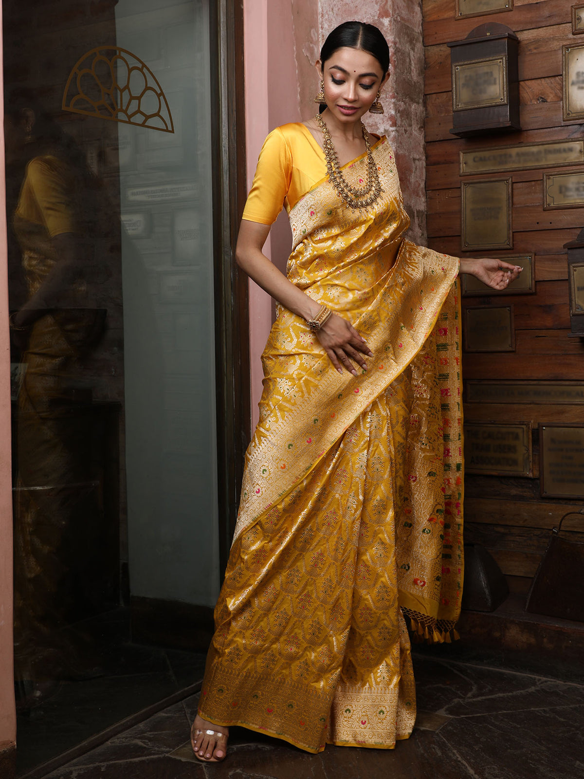 Yellow Meenakari Uppada Katan Silk Handloom Banarasi Saree - Sacred Weaves