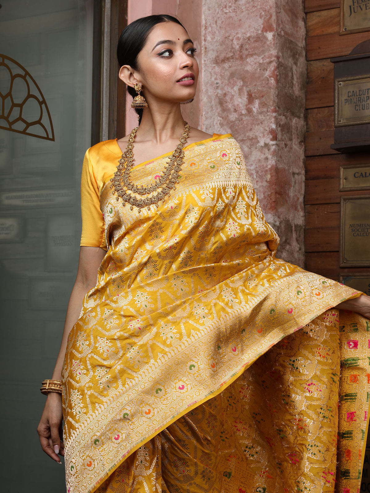 Yellow Meenakari Uppada Katan Silk Handloom Banarasi Saree - Sacred Weaves