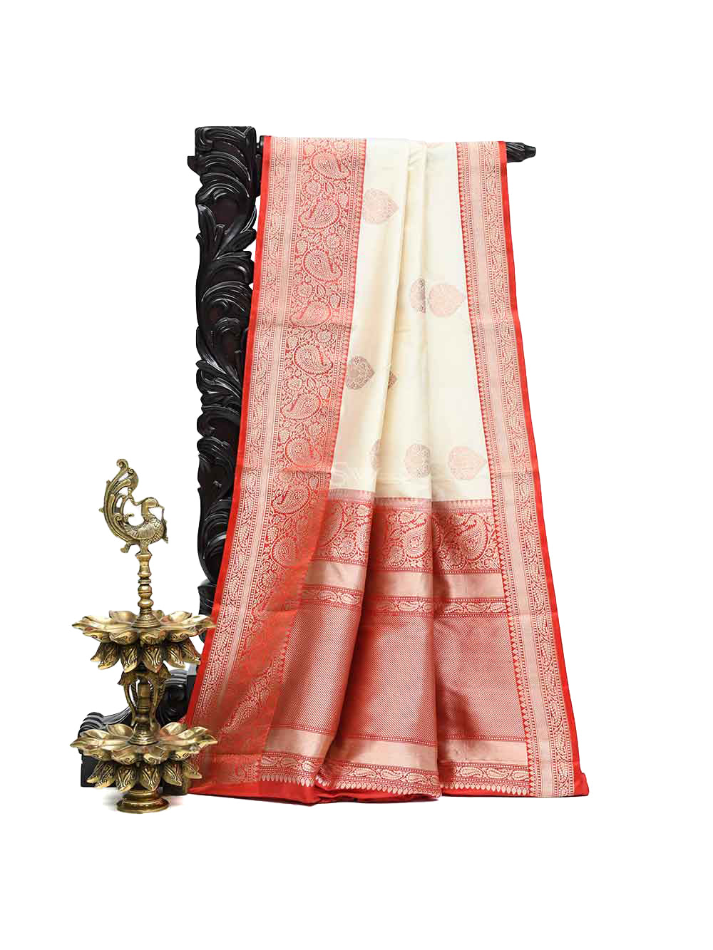 Cream Boota Katan Silk Handloom Banarasi Saree - Sacred Weaves