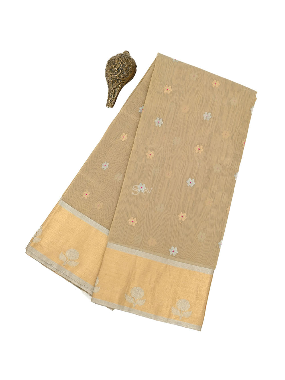 Beige Booti Chanderi Silk Handloom Banarasi Saree - Sacred Weaves