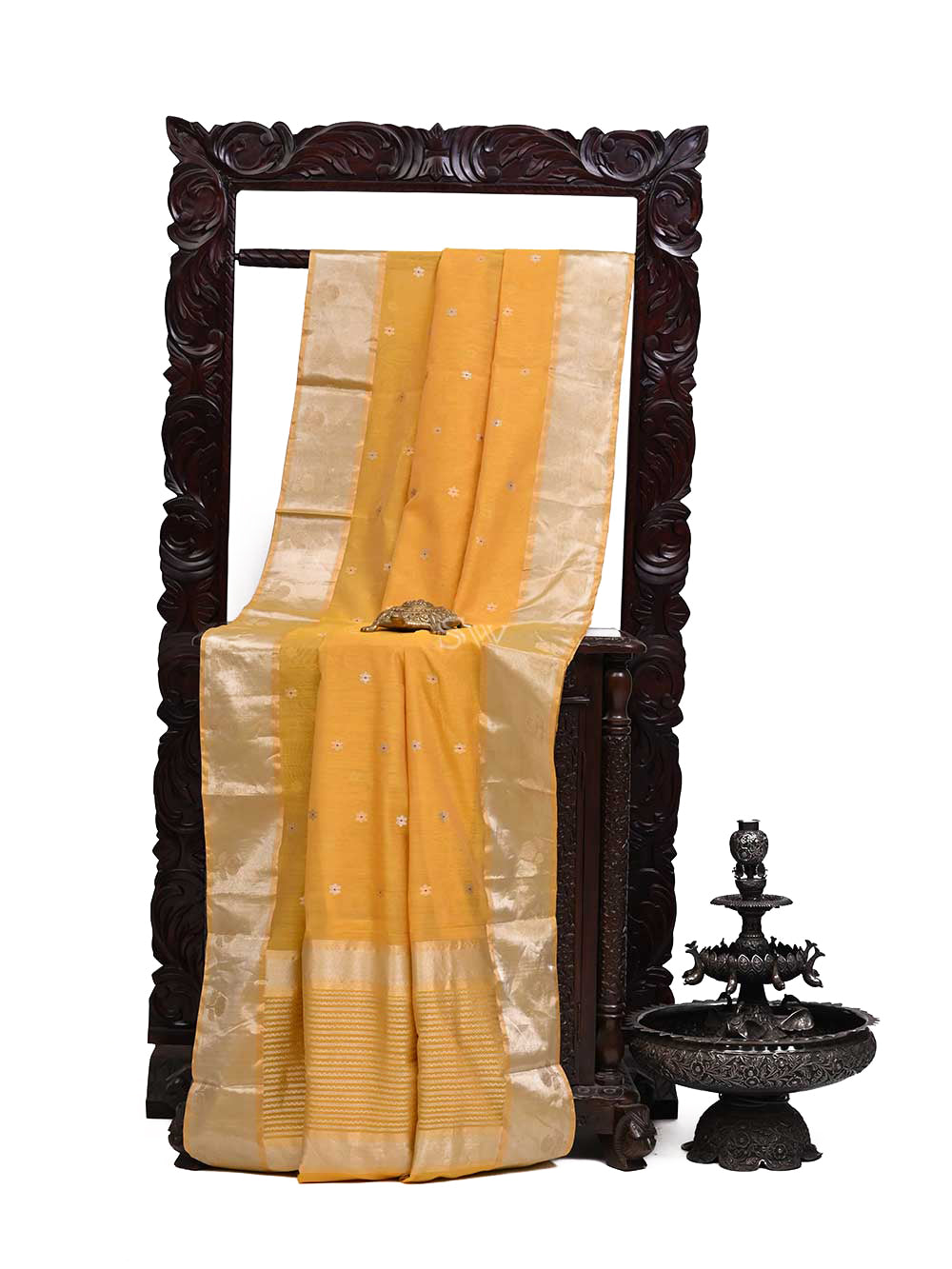 Yellow Booti Chanderi Silk Handloom Banarasi Saree - Sacred Weaves