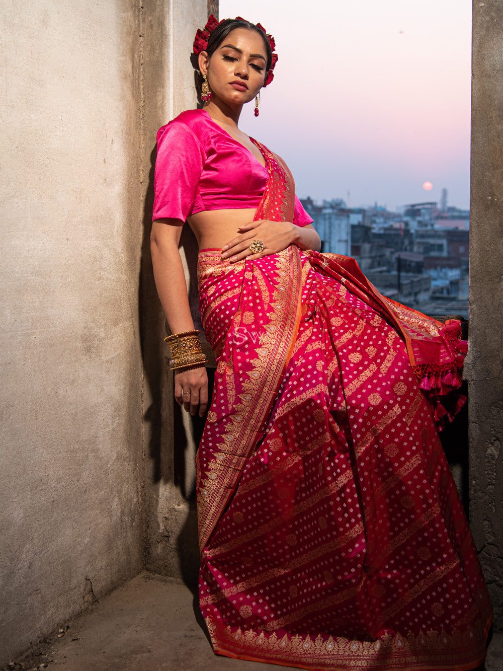 Pink Red Stripe Katan Silk Handloom Banarasi Saree - Sacred Weaves