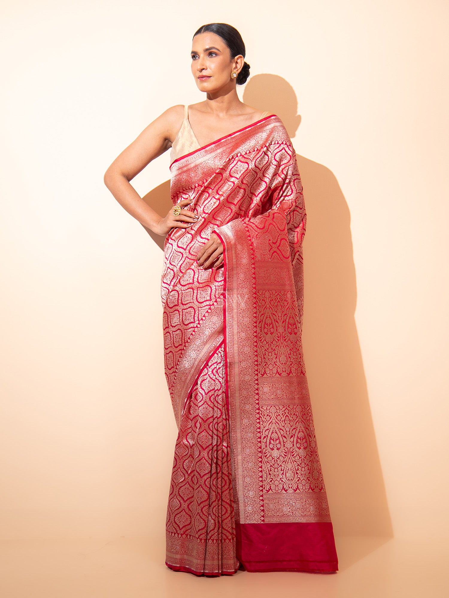 Red Pink Brocade Katan Silk Handloom Banarasi Saree - Sacred Weaves