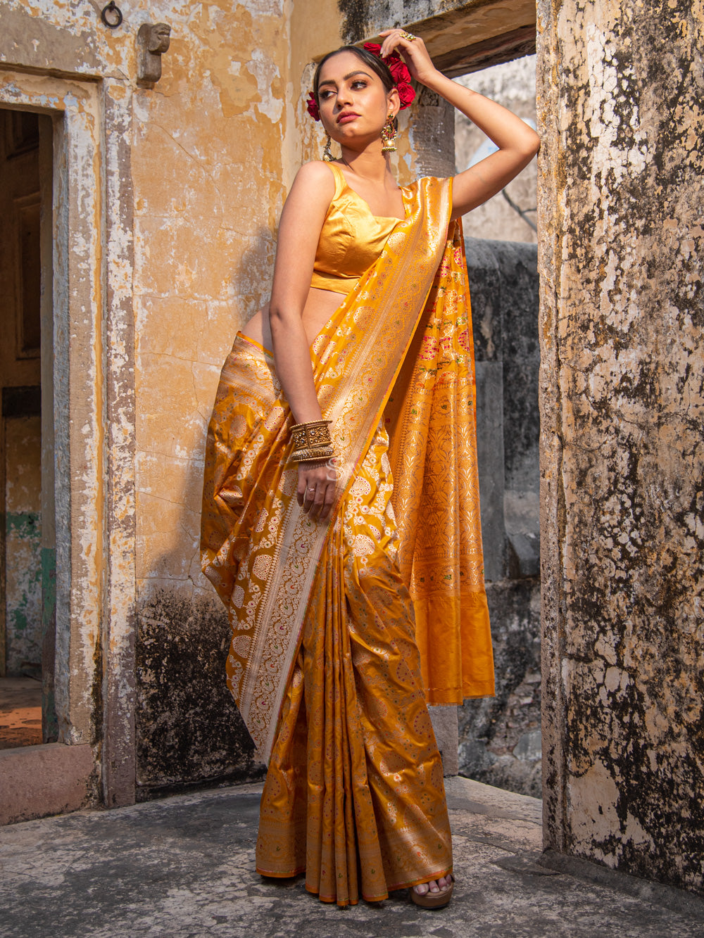 Yellow Meenakari Uppada Katan Silk Handloom Banarasi Saree - Sacred Weaves