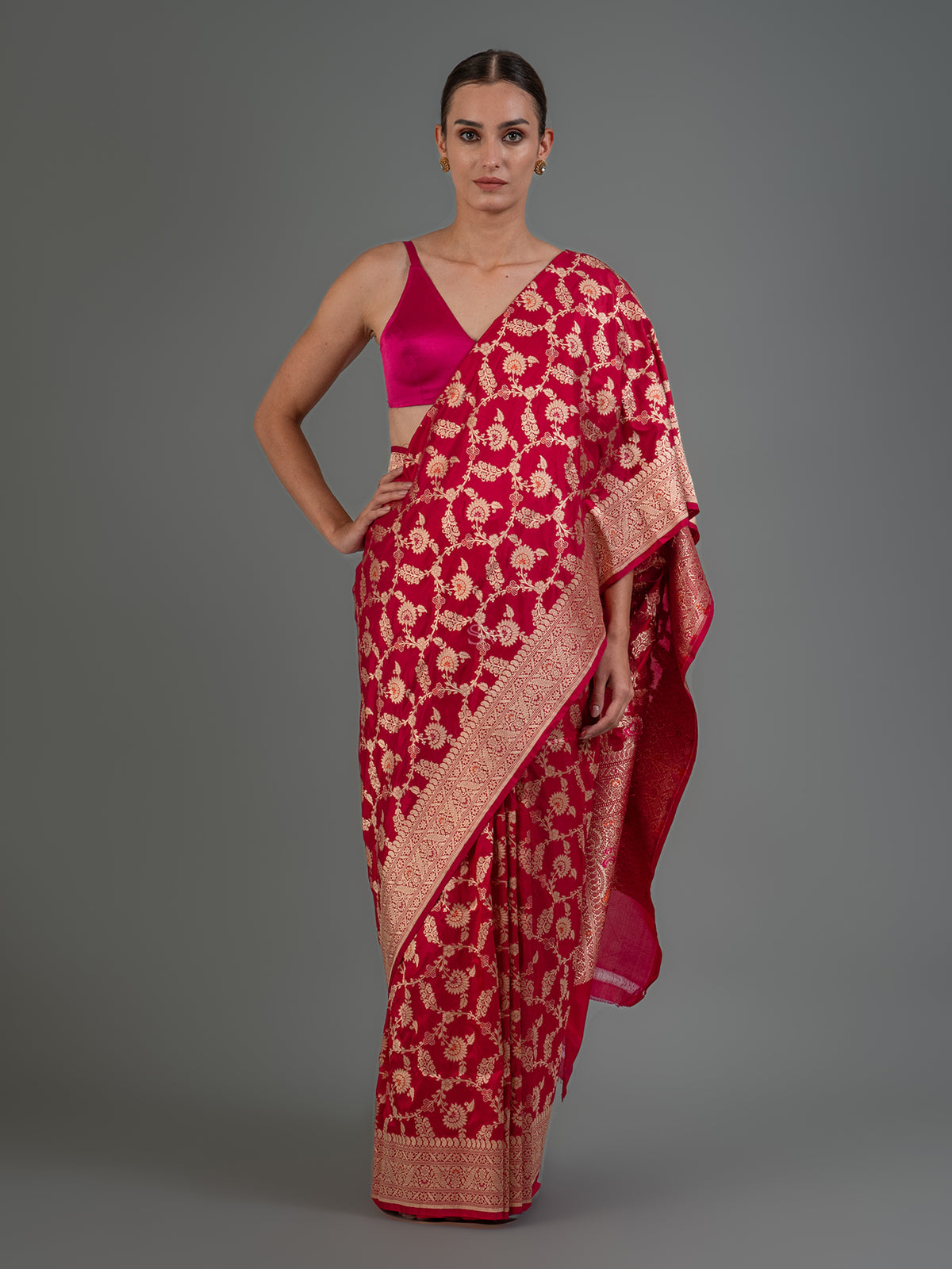 Dark Pink Meenakari Uppada Katan Silk Handloom Banarasi Saree - Sacred Weaves