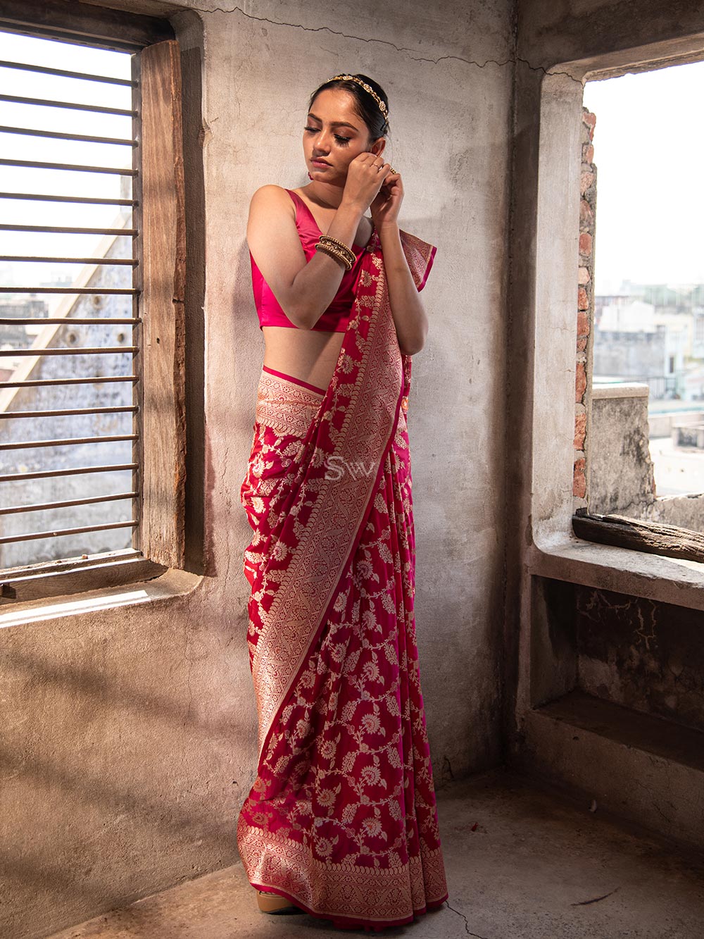 Dark Pink Meenakari Uppada Katan Silk Handloom Banarasi Saree - Sacred Weaves