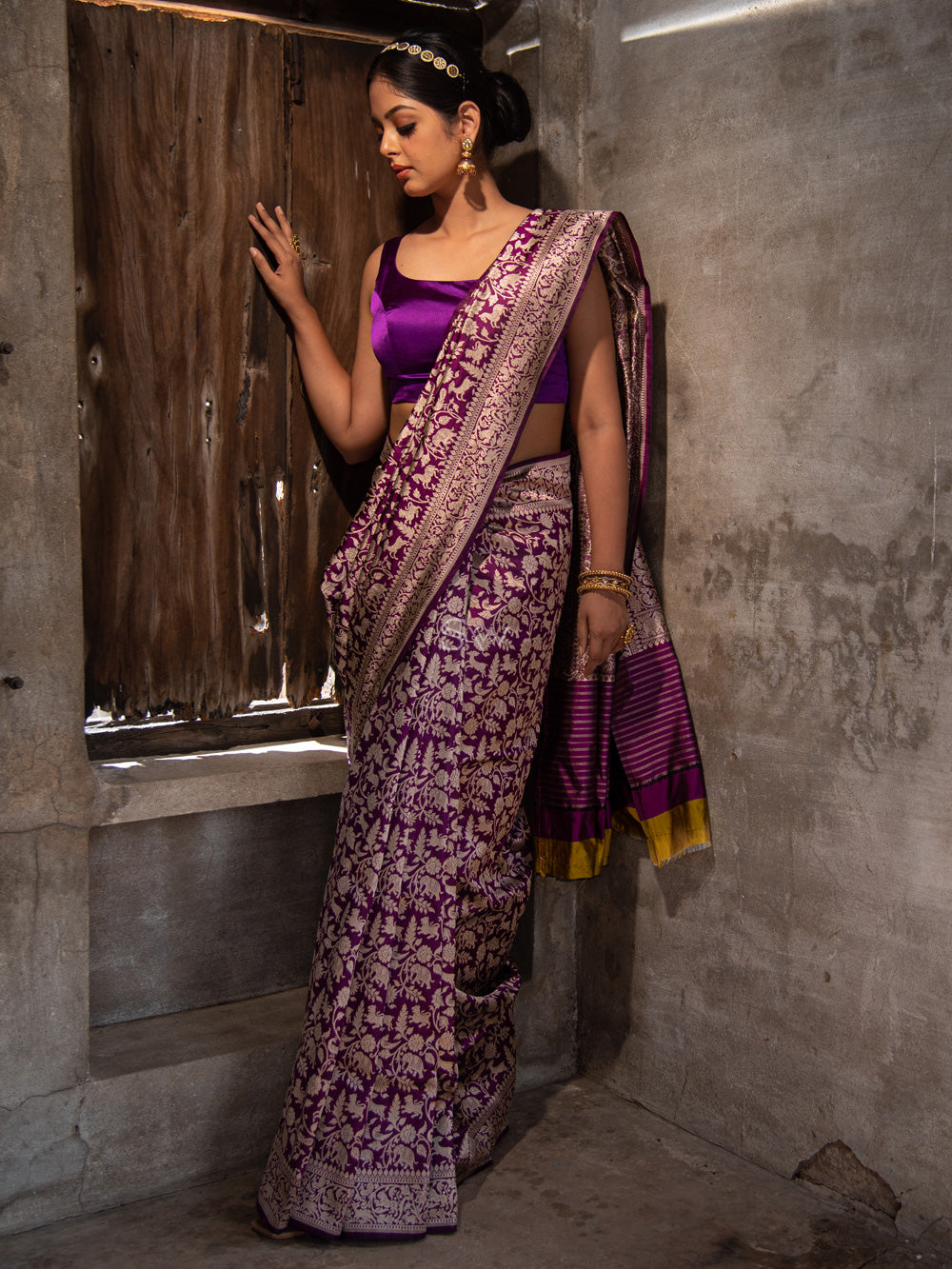 Purple Shikargah Katan Silk Handloom Banarasi Saree - Sacred Weaves