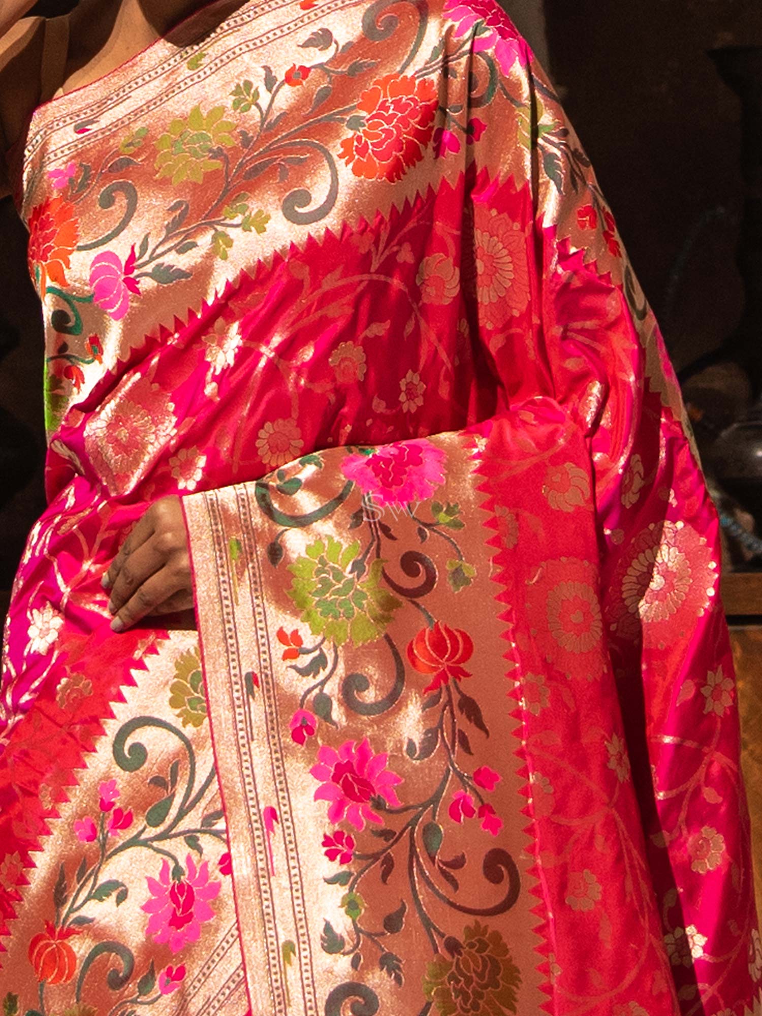 Pink Orange Paithani Katan Silk Handloom Banarasi Saree - Sacred Weaves