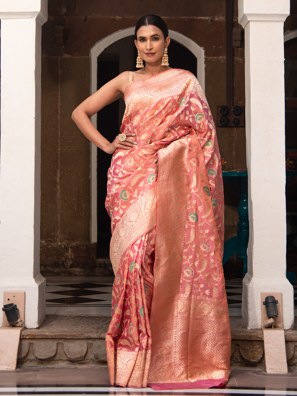 Peach Meenakari Katan Silk Handloom Banarasi Saree - Sacred Weaves