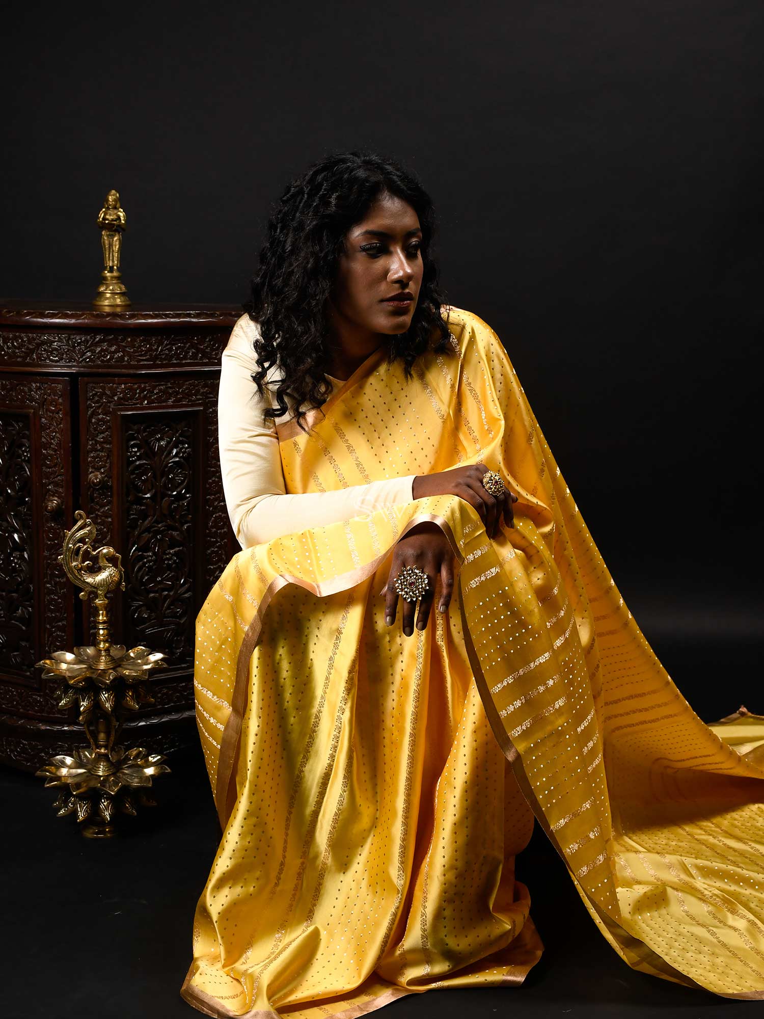 Yellow Satin Silk Handloom Banarasi Saree - Sacred Wevaes