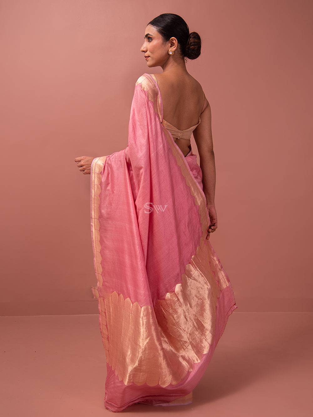 Pink Plain Satin Silk Handloom Banarasi Saree - Sacred Weaves