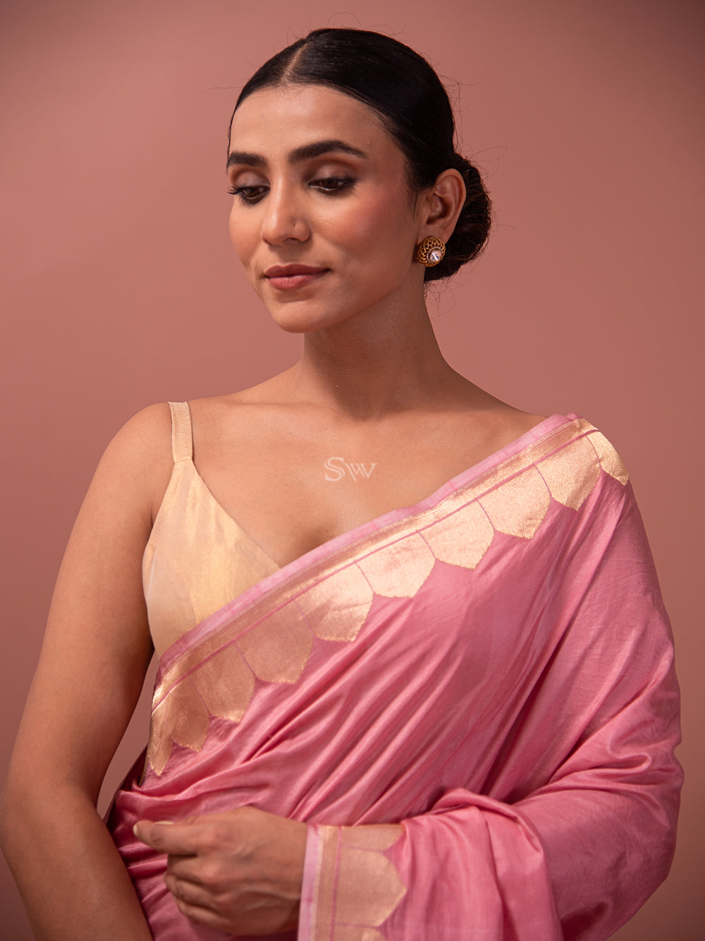 Pink Plain Satin Silk Handloom Banarasi Saree - Sacred Weaves