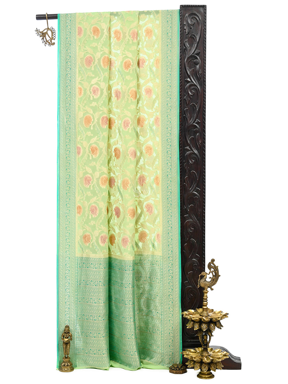 Pista Green Rangkat Khaddi Georgette Handloom Banarasi Saree - Sacred Weaves