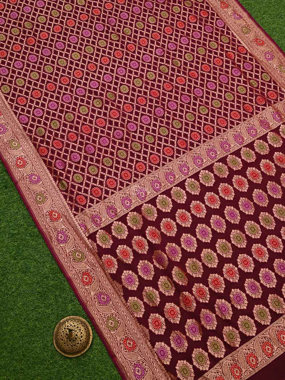 Wine Meenakari Jaal Khaddi Georgette Handloom Banarasi Saree - Sacred Weaves