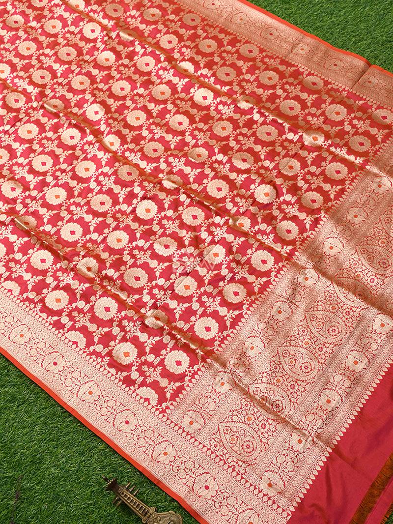 Pink Orange Jaal Katan Silk Handloom Banarasi Dupatta - Sacred Weaves