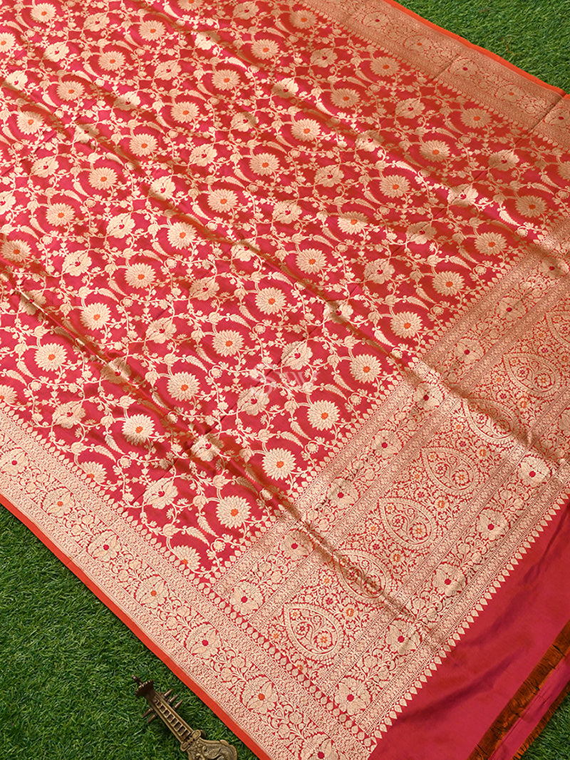 Pink Orange Jaal Katan Silk Handloom Banarasi Dupatta -  Sacred Weaves 