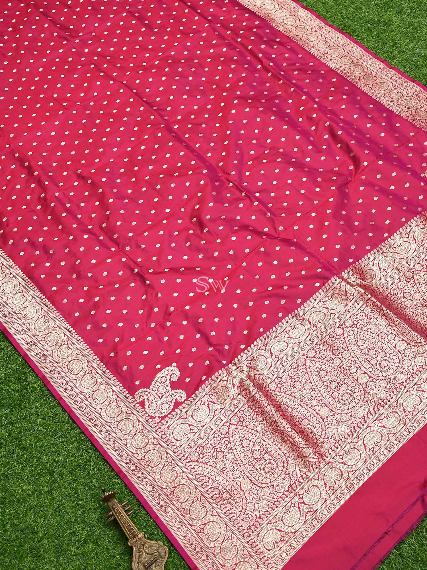 Bright Pink And Bottle Green Konia Katan Silk Handloom Banarasi Dupatta - Sacred Weaves