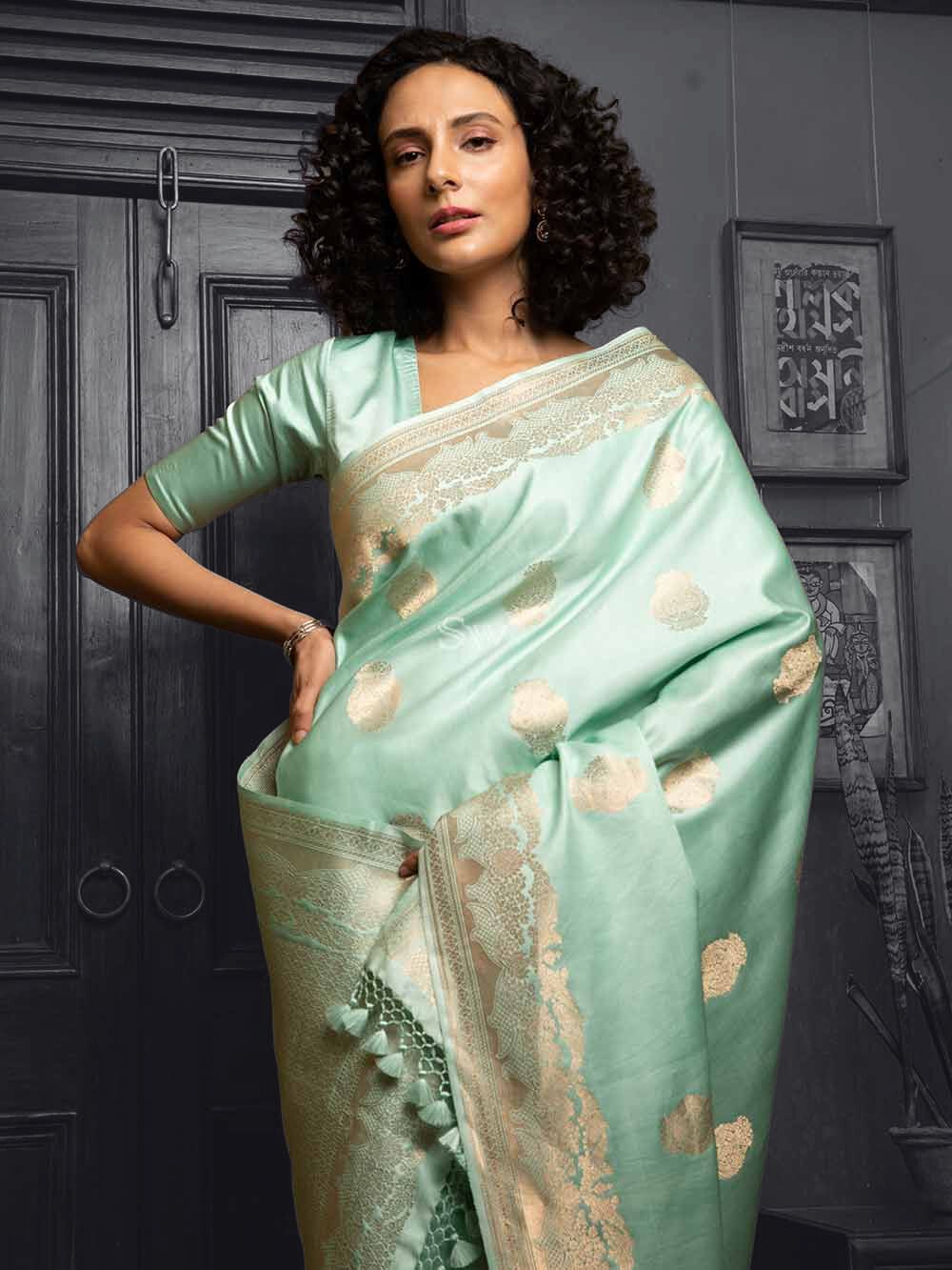 Sea Green Boota Satin Silk Handloom Banarasi Saree